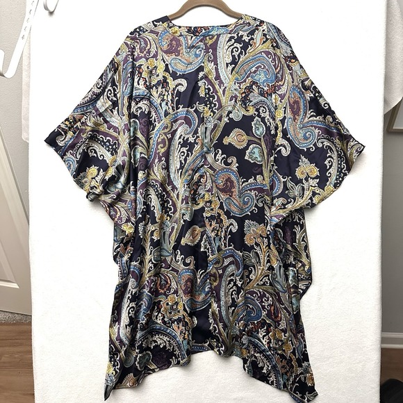 UMGEE Kaftan L Large Purple Paisley Satin Blouse Top Kimono Flutter Sleeves - Picture 8 of 8